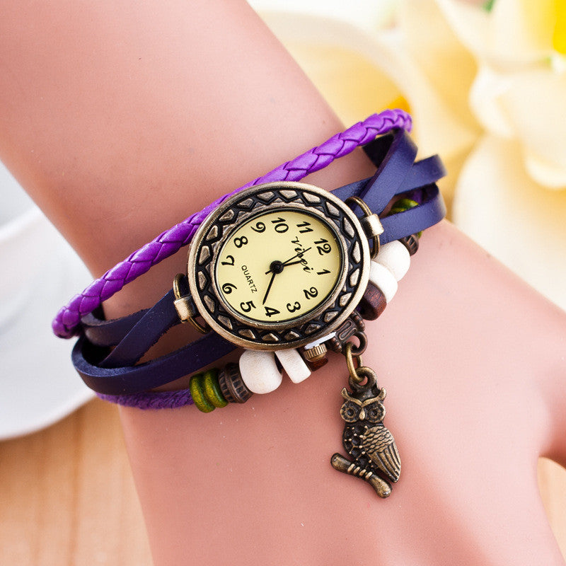 Retro Owl Pendant Woven Bracelet Watch