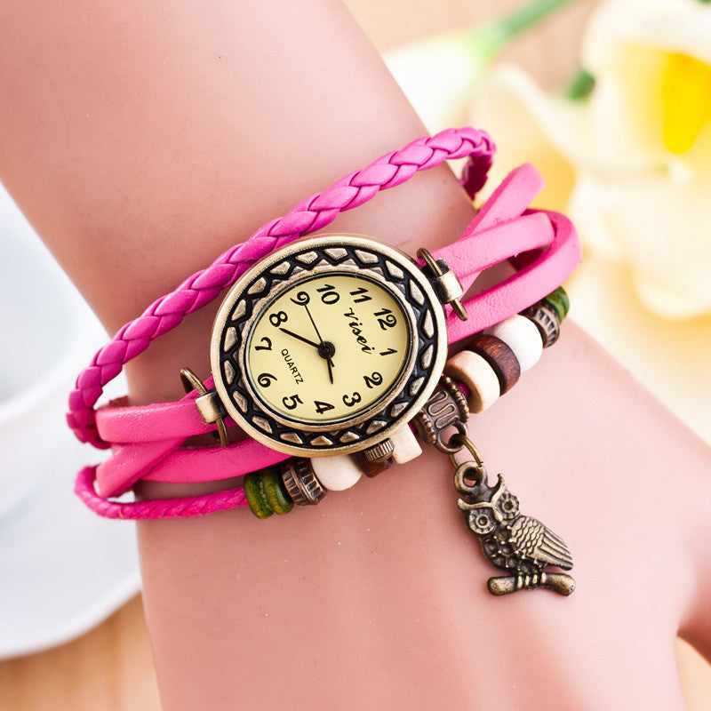 Retro Owl Pendant Woven Bracelet Watch