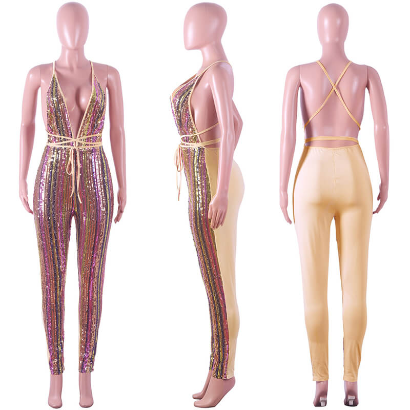 Sequin Stripe V Neck Bandage Backless Jumpsuit