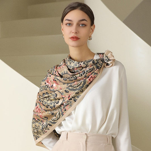 Floral Print Square Silk Imitation Scarf