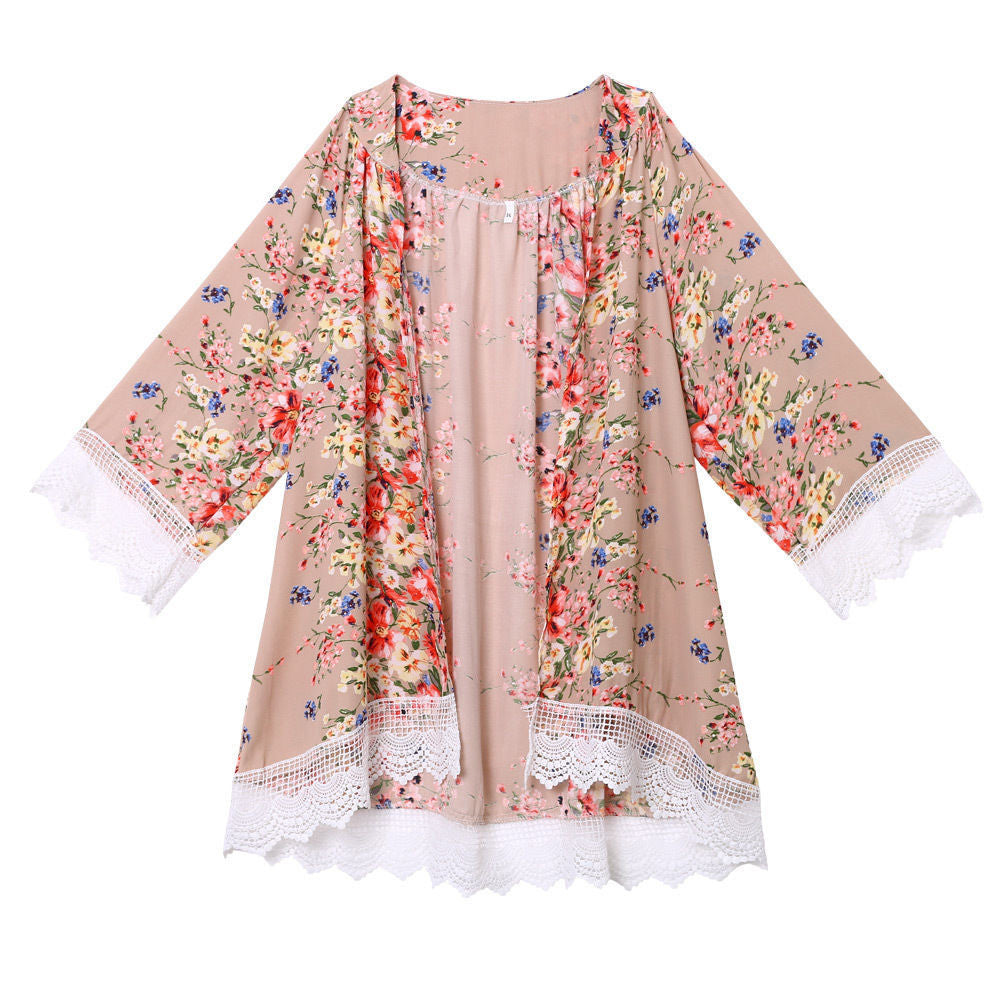 Flower Print Lace Patchwork Retro Mid-length Lapel Blouse