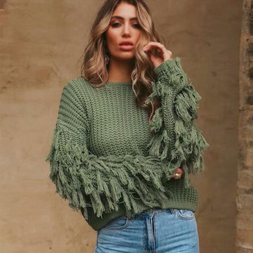 Loose Fringed Sleeve Crochet Pullover Sweater