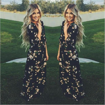 Clearance Floral O-neck Long Sleeve Long Dress