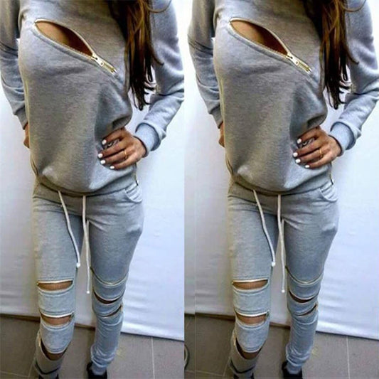 Zipper Cutout Sports Hoodies Set Activewear