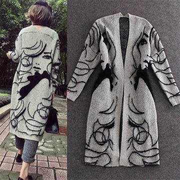 Print Long Sleeves V-neck Long Cardigan