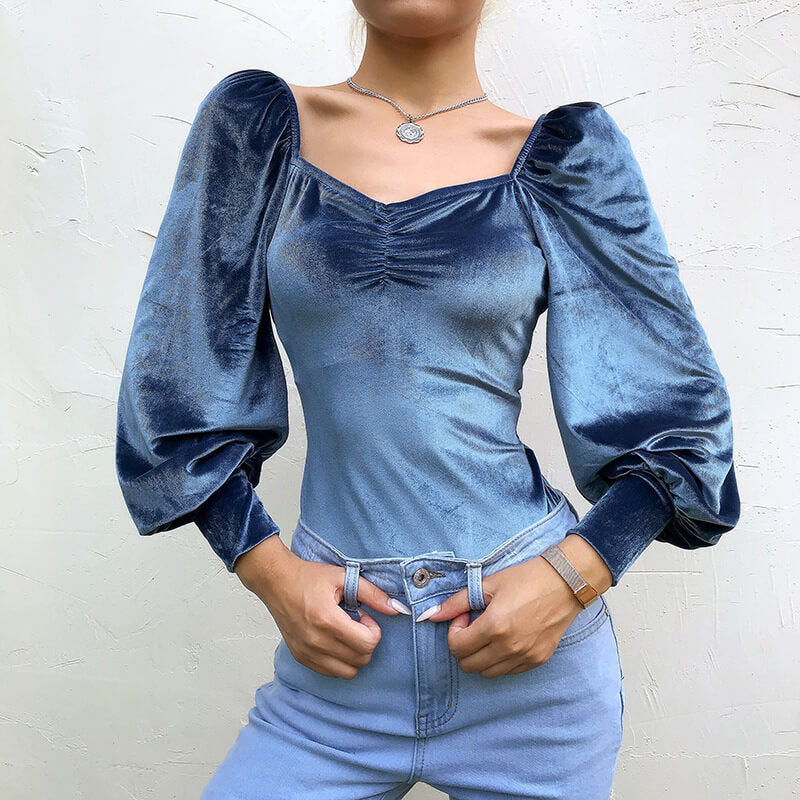 Blue Lace Up Velour Puff Long Sleeves Bodysuit