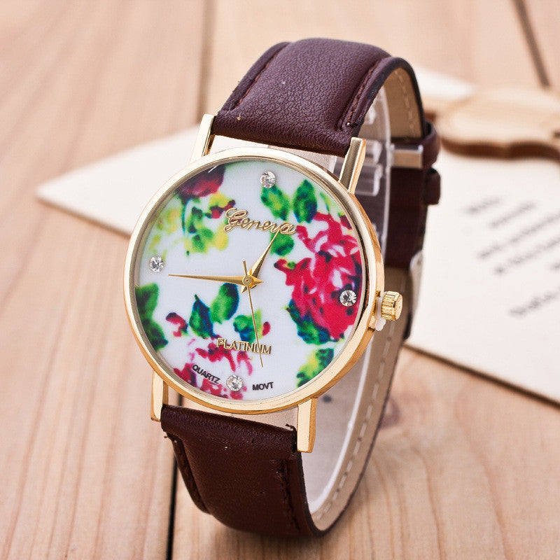 Floral Print Crystal Fashion Watch