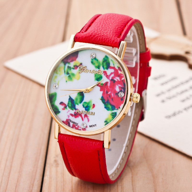 Floral Print Crystal Fashion Watch