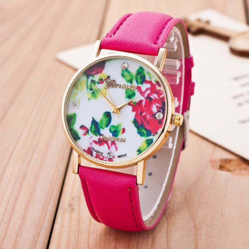 Floral Print Crystal Fashion Watch