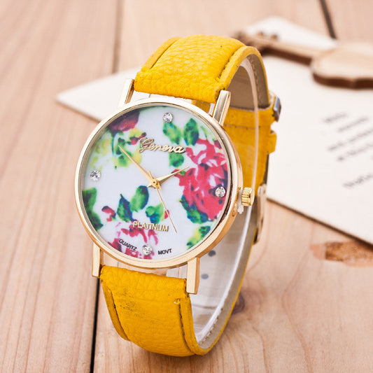 Floral Print Crystal Fashion Watch