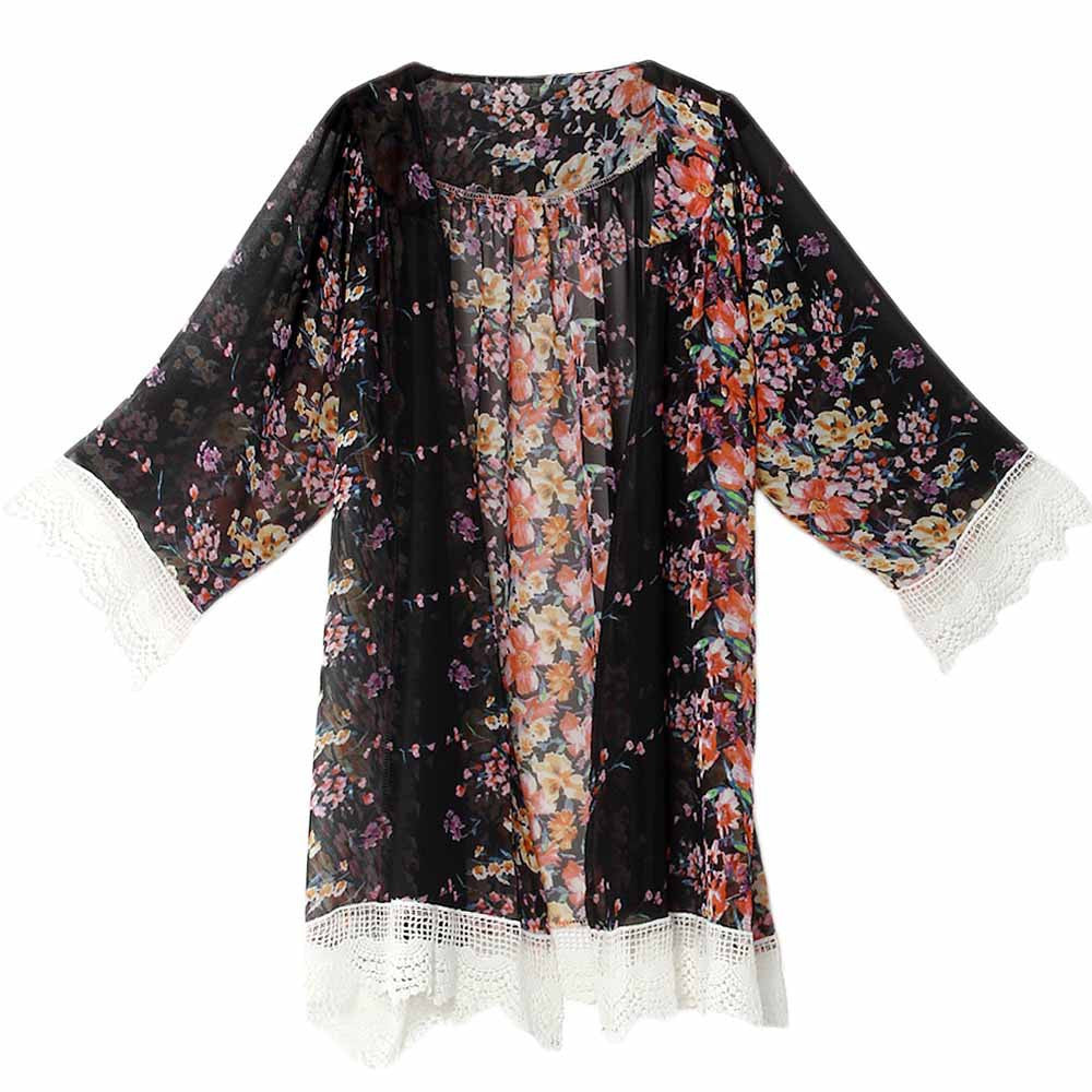 Flower Print Lace Patchwork Retro Mid-length Lapel Blouse