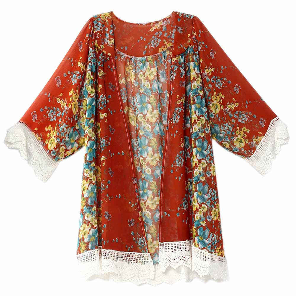 Flower Print Lace Patchwork Retro Mid-length Lapel Blouse