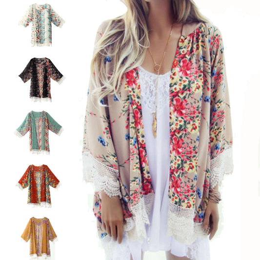 Flower Print Lace Patchwork Retro Mid-length Lapel Blouse