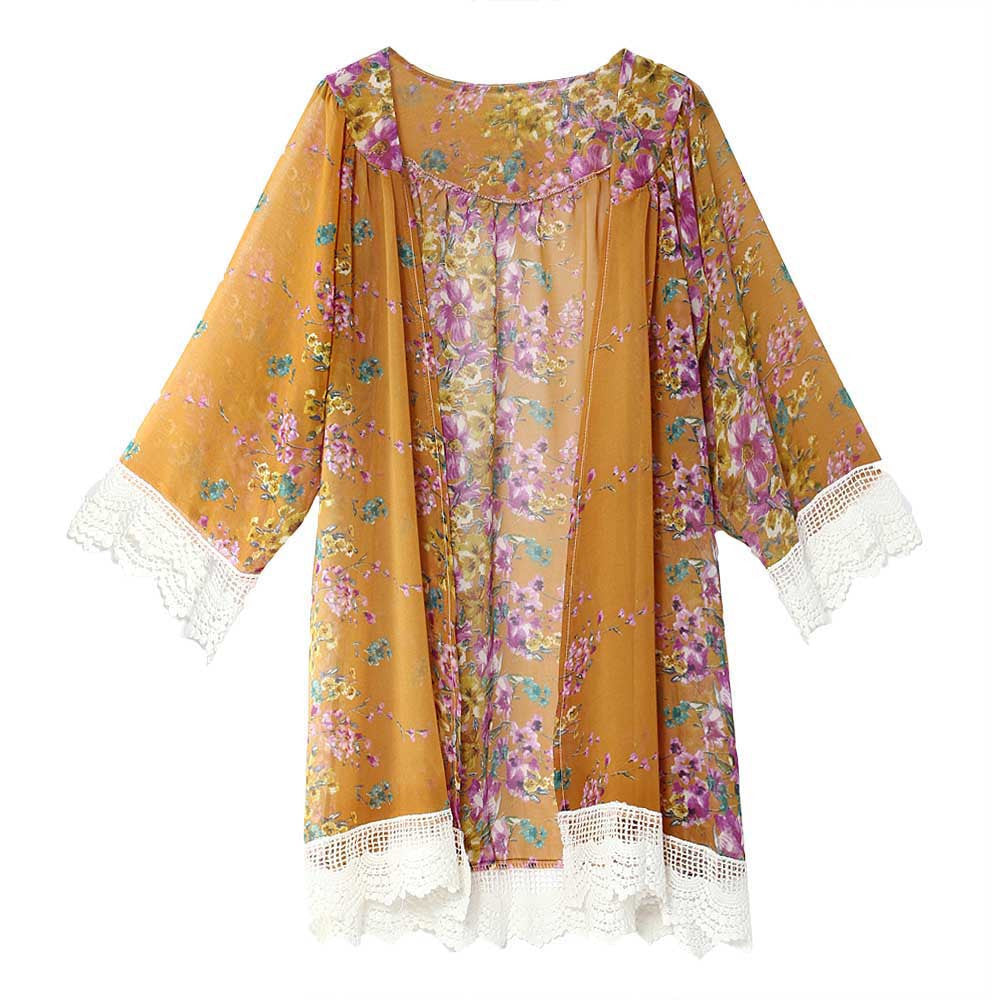 Flower Print Lace Patchwork Retro Mid-length Lapel Blouse