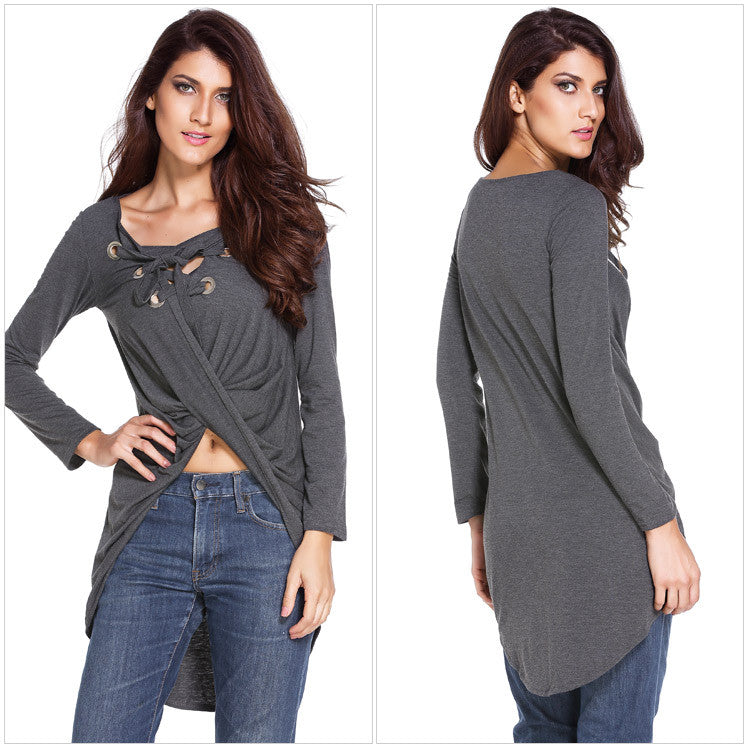 V-neck Straps Irregular Long Sleeves Long Blouse