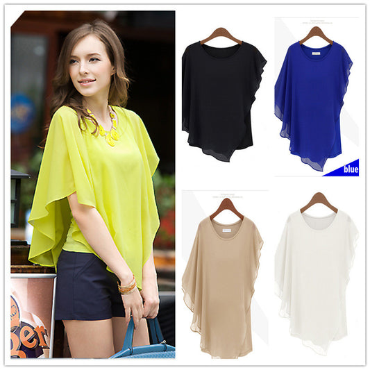 Irregular Scoop Sexy Falbala Chiffon Batwing Blouse