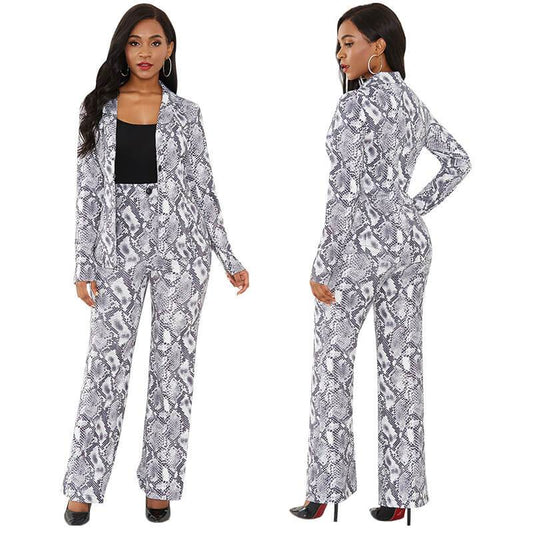 Snakeskin Bodycon High Waist Long Sleeve Blouse Pants Sets