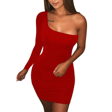 Women'S Casual Basic One Shoulder Tank Top Bodycon Long Sleeve Mini Club Dress