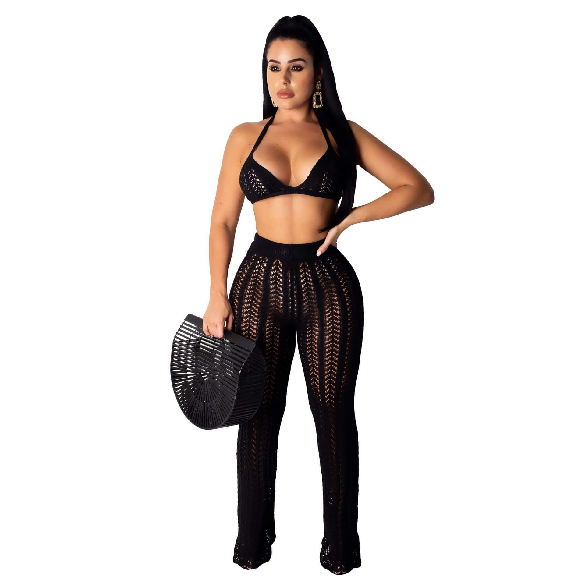 Spaghetti Straps Crop Top High Waist Bell Bottom Pants Set