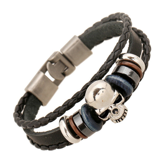 Beaded Skull Woven Leather Bracelet