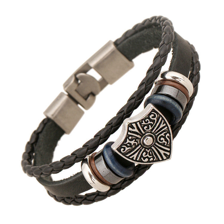 Retro Shield Woven Leather Bracelet