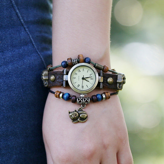 Punk Beaded Skull Cat Watch