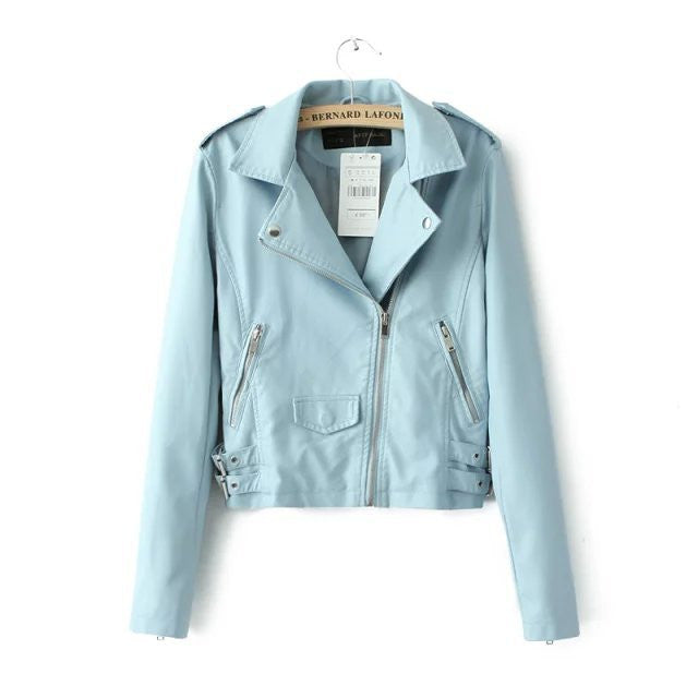 Lapel Zipper Rivet Pockets Crop PU Jacket - Meet Yours Fashion - 3