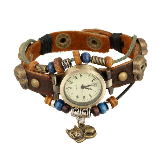 Punk Beaded Skull Cat Watch