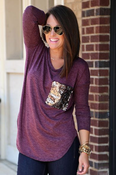 Scoop Sequins Pocket Long Sleeves Long Blouse