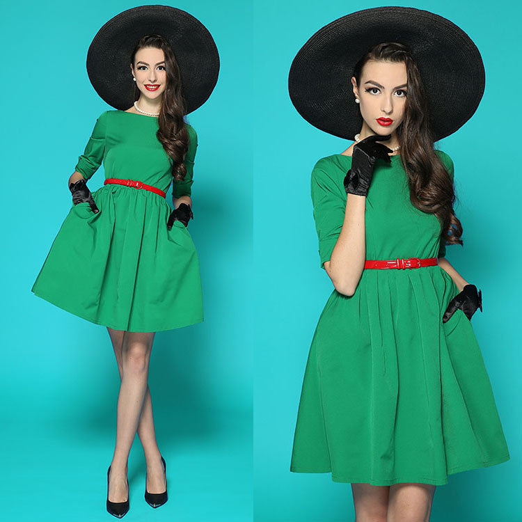 Scoop 1/2 Sleeves Pure Color Flared Pleated Short Dress With Belt