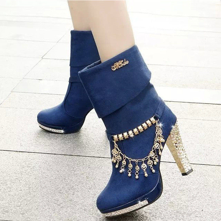 High Heeled Pure Color Metal Tassel Boots