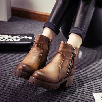 Side Zipper Round Toe Block Low Heel Ankle British Matin Boots
