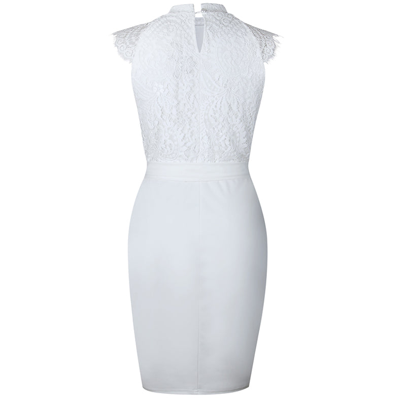 Lace Patchwork Straps Women Knee-length White Dress