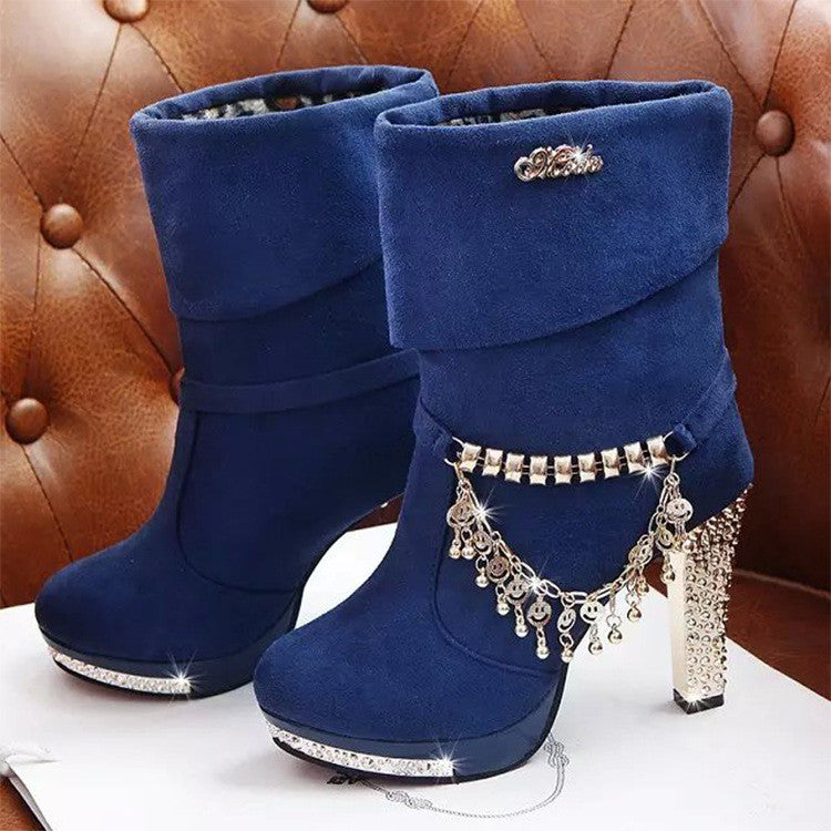 High Heeled Pure Color Metal Tassel Boots