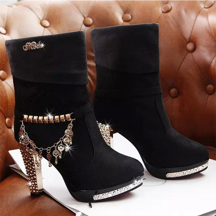 High Heeled Pure Color Metal Tassel Boots