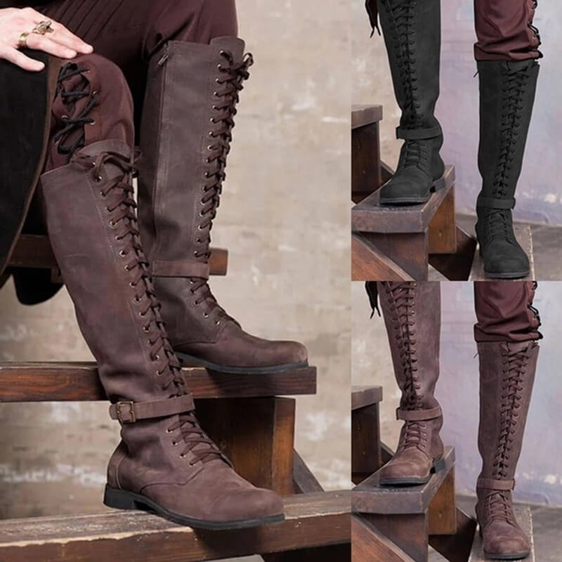 Knee High Leather Lace Up Suede Boots