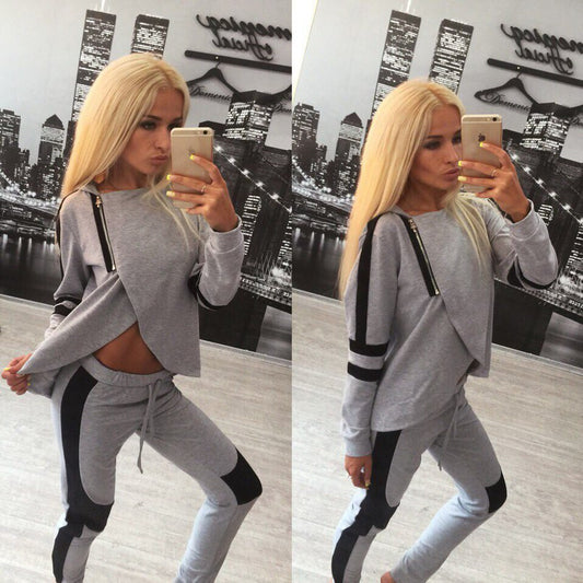 Irregular Zipper Hoodie Top Straight Pant Patchwork Activewear Set