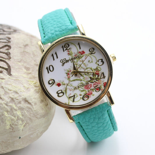 Classic Flower Print Leather Watch