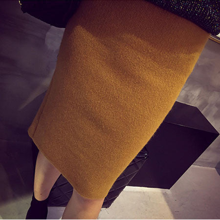 High Waist Knit Split Knee-Length Slim Skirt