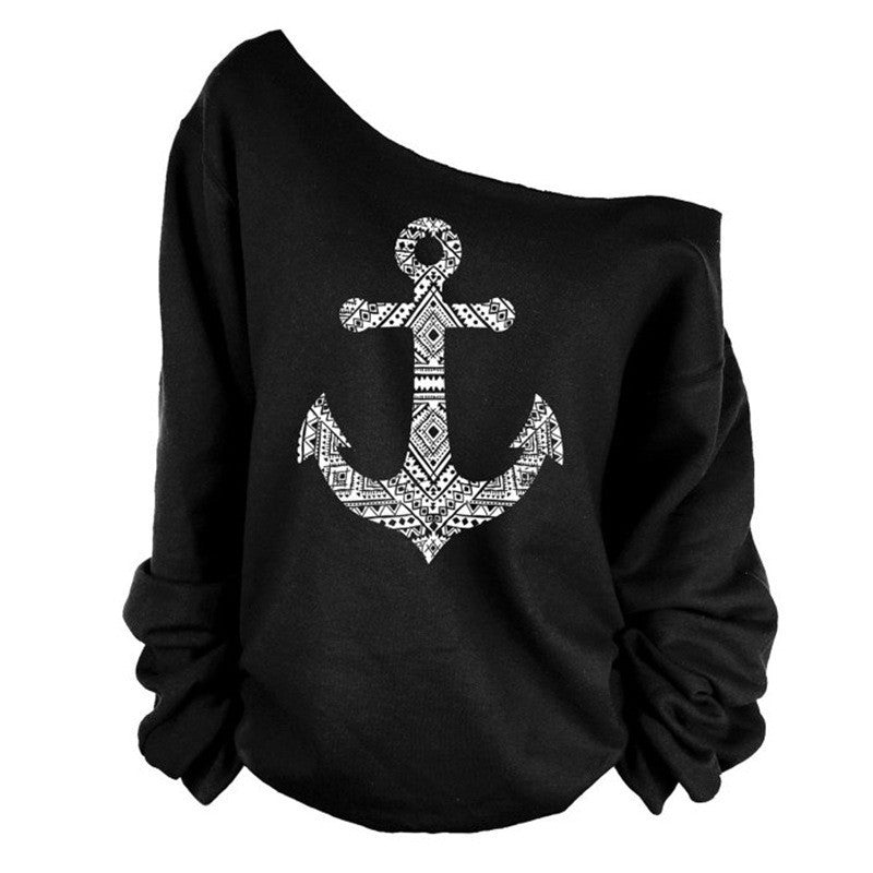 Fashion Anchor Print Skew Neck Sweatshirt T-shirt