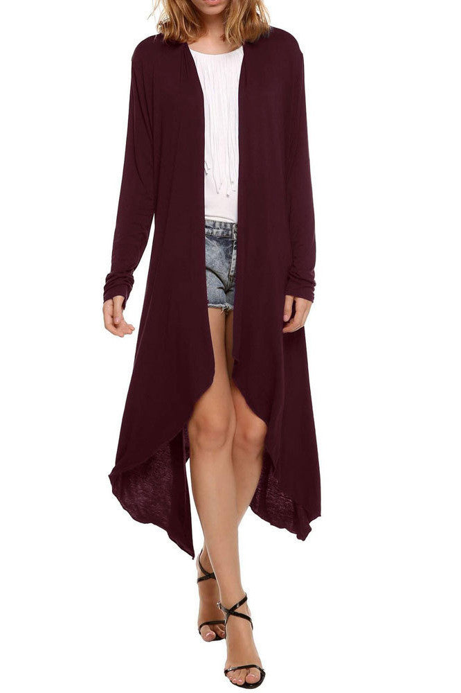 Pure Color Irregular Long Sleeves Scoop Long Cardigan