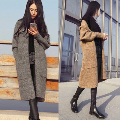 Pure Color Long Sleeves Two Pockets Long Cardigan