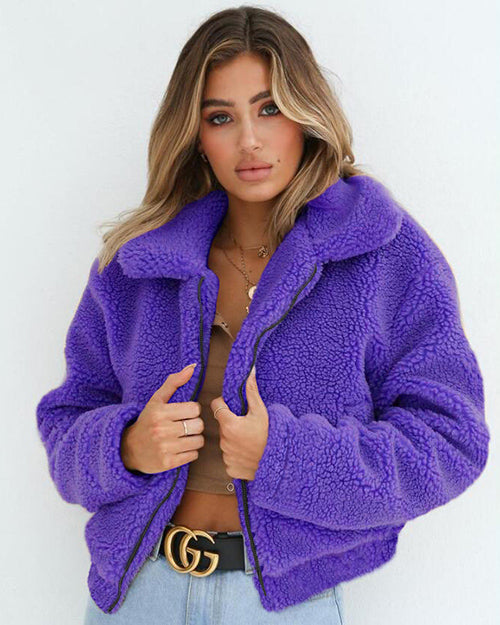 Lapel Zipper Solid Color Women Cropped Faux Fur Teddy Coat