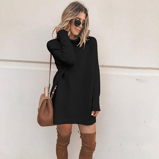 Loose Plain O Neck Long Sleeve Mini Dress