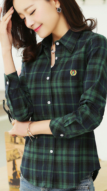 Plaid Turn-down Collar Flower Print Long Sleeves Slim Button Blouse