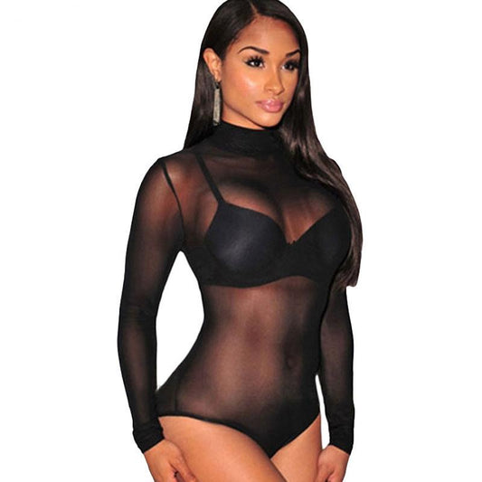 Stretch Long Sleeves Mesh Sheer Bodysuit