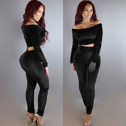 Off Shoulder Crop Top High Waist Skinny Pants Set