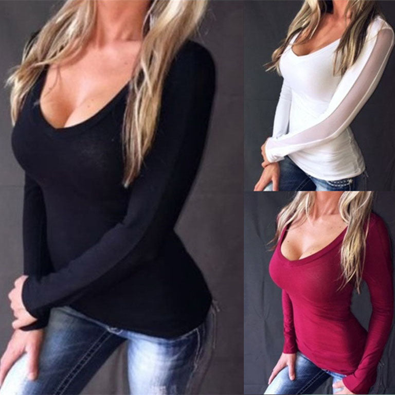 Deep V-neck Pure Color Mesh Patchwork Slim T-shirt