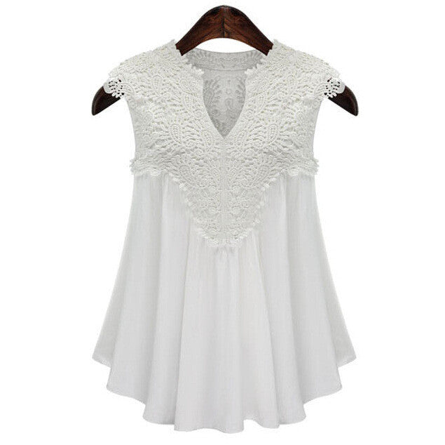 V-neck Sleeveless Lace Patchwork Drop Hem Chiffon Blouse