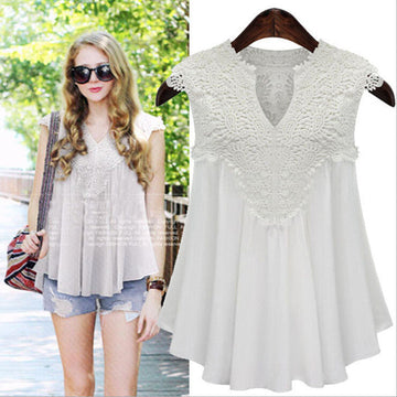 V-neck Sleeveless Lace Patchwork Drop Hem Chiffon Blouse